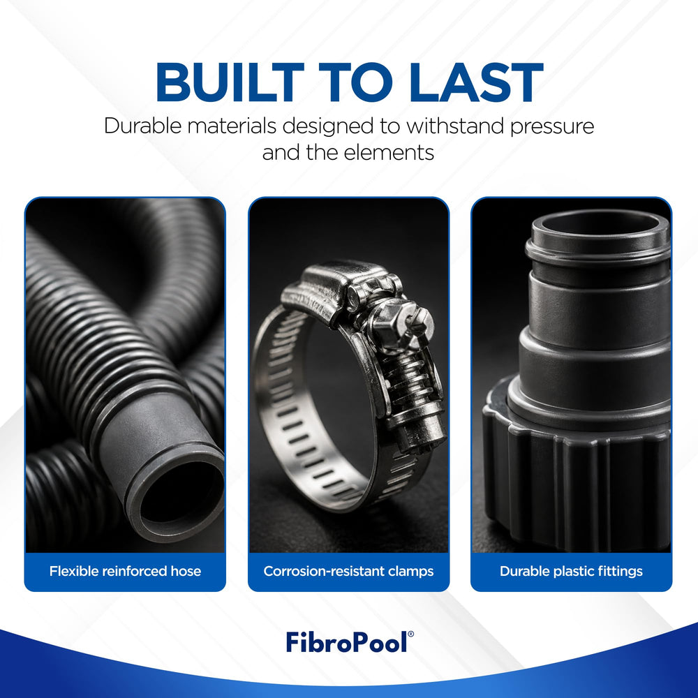 FibroPool hose end connected to fitting demonstrating secure seal benefit