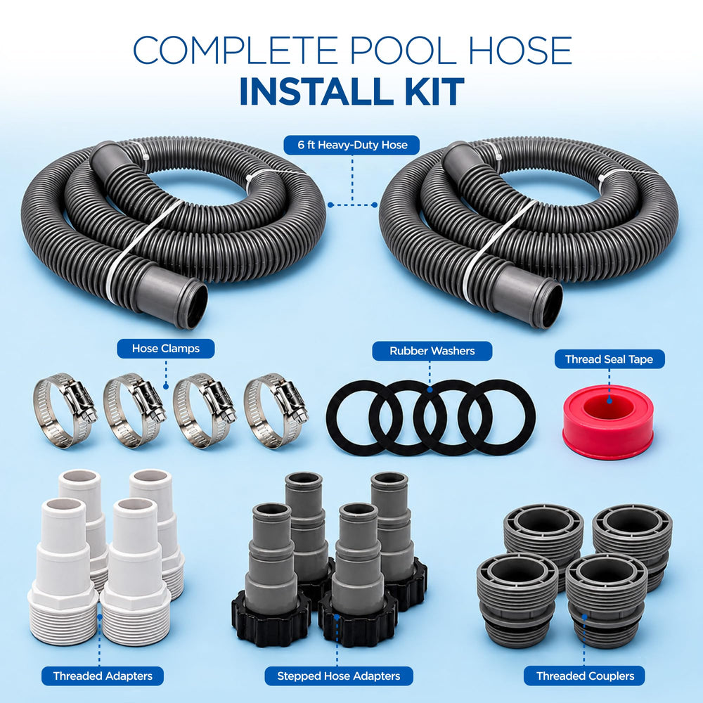 FibroPool two 6 ft 1.5 inch hoses demonstrating length and flexibility benefit