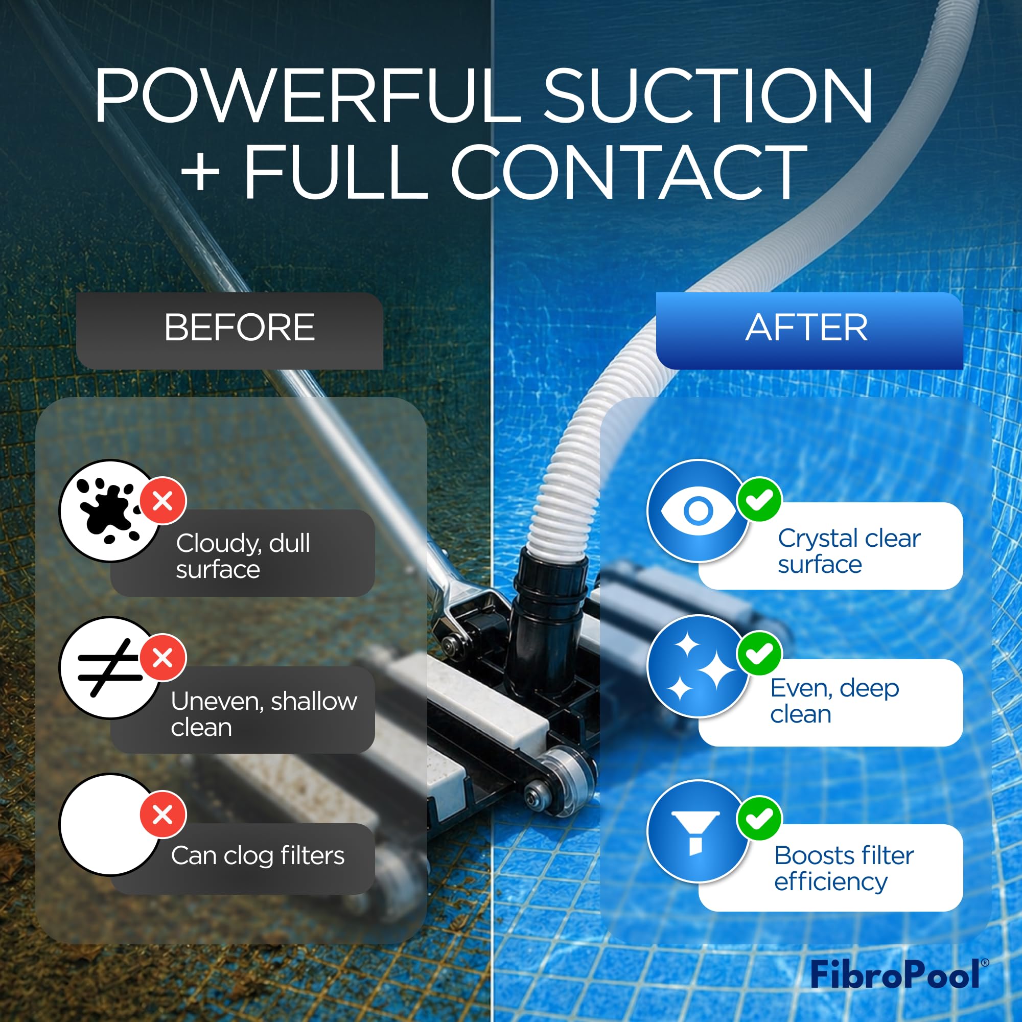 FibroPool vacuum head in-pool action removing leaves and sediment for efficient maintenance