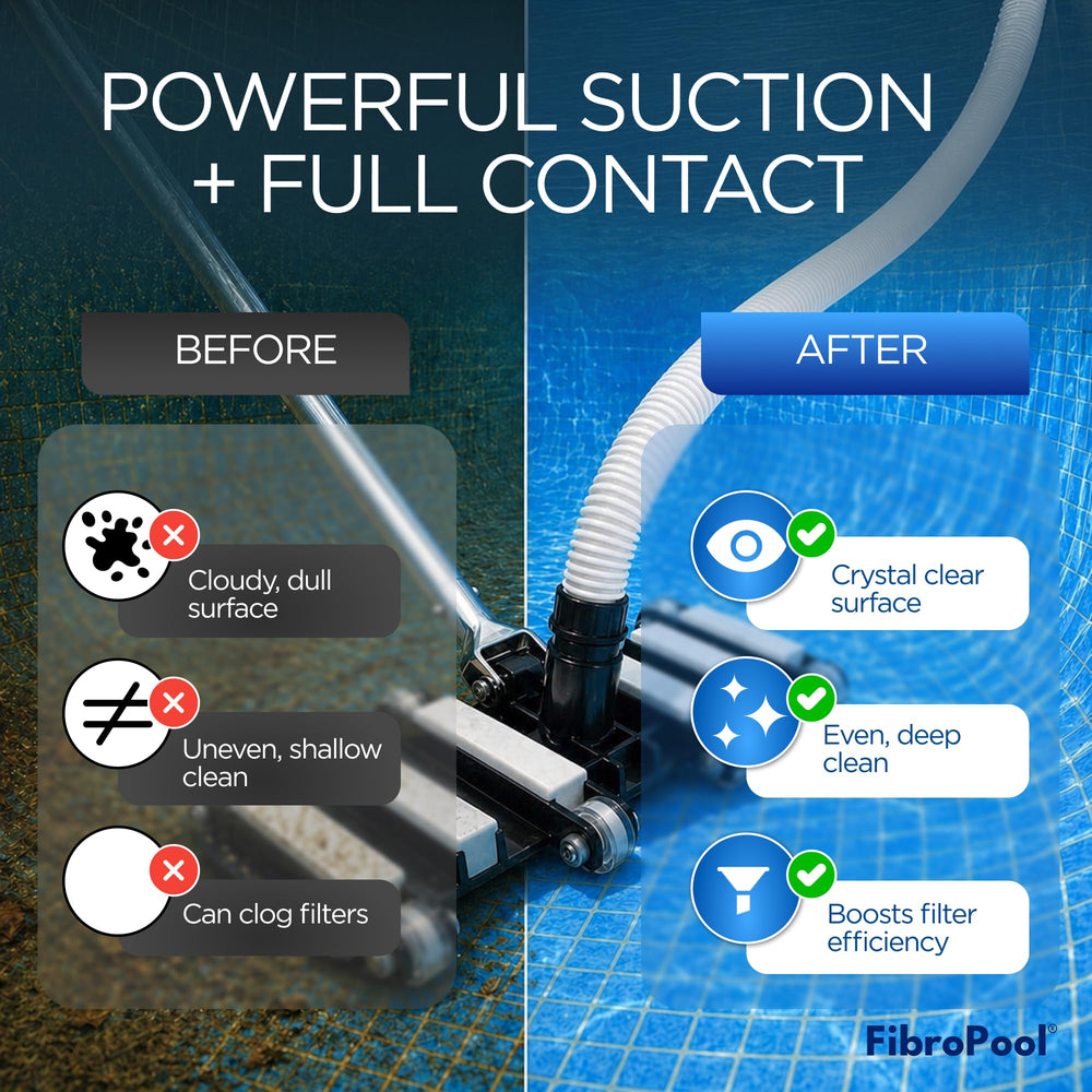 FibroPool vacuum head in-pool action removing leaves and sediment for efficient maintenance