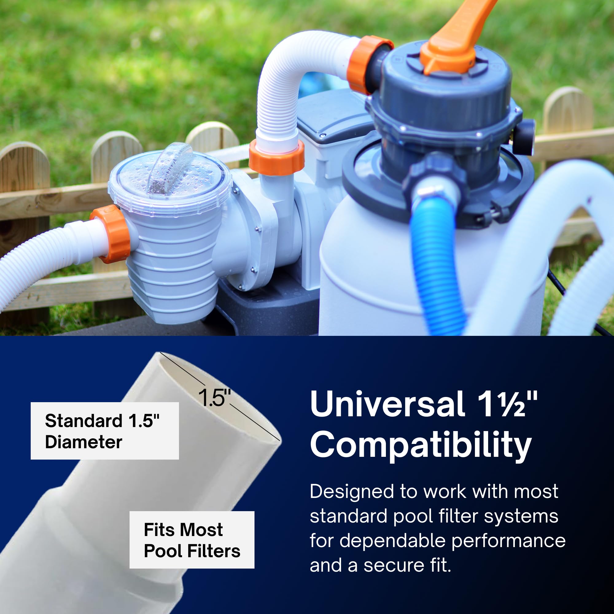 FibroPool hose connected to pool pump demonstrating proper fit and reliable flow