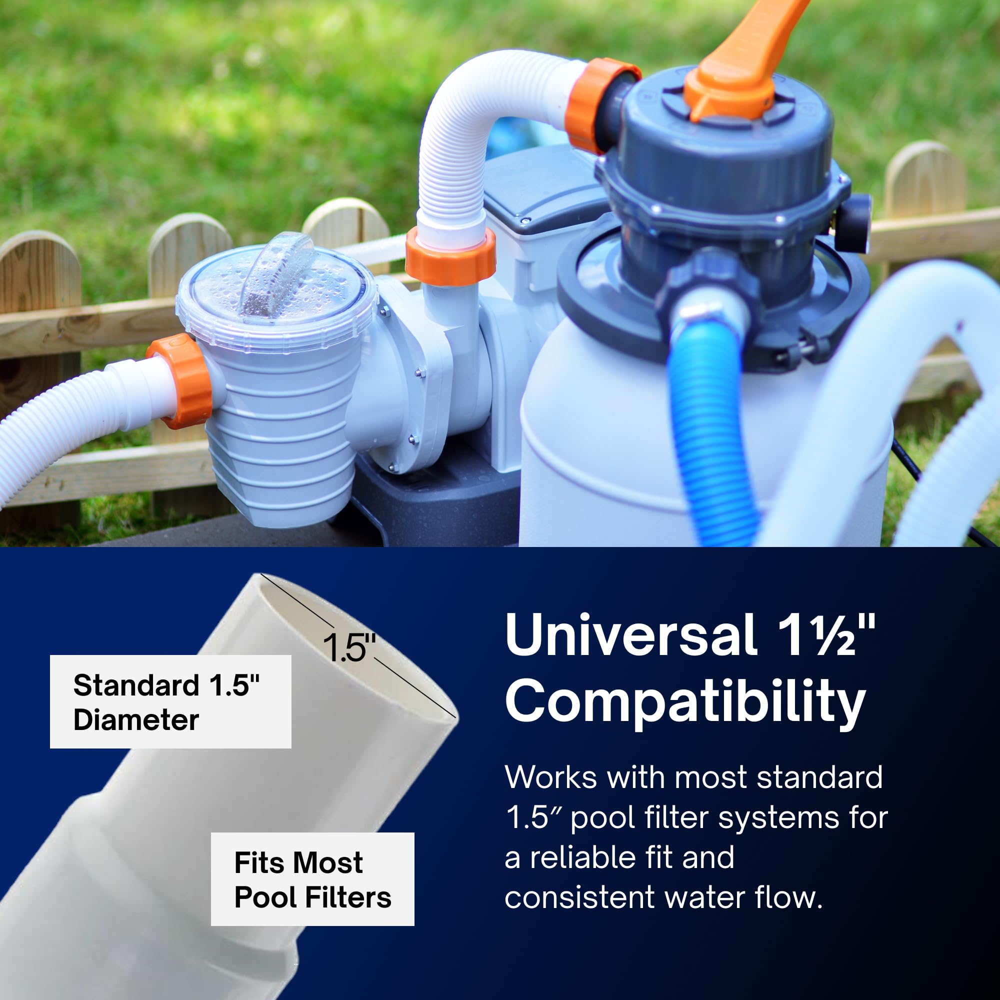 FibroPool hose installed between pump and filter showing secure leak-free connection