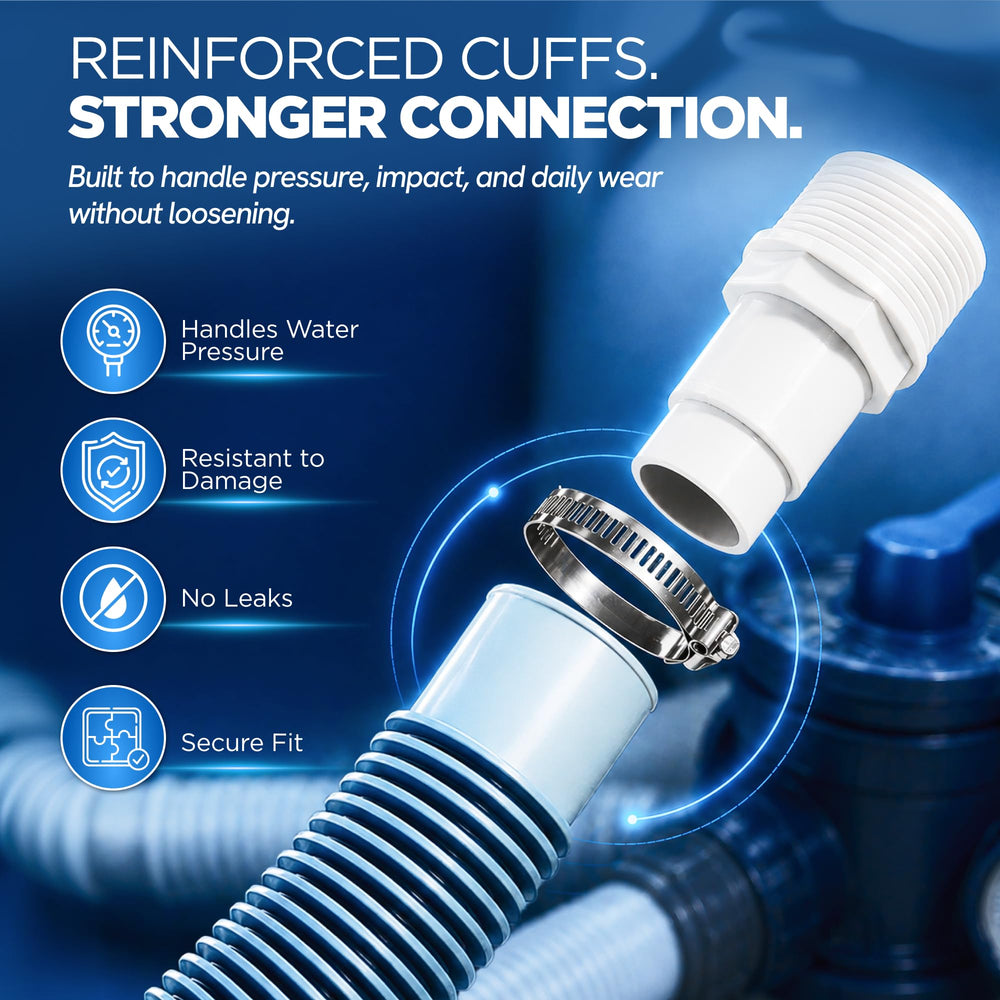 FibroPool hose installed on pool pump connection illustrating improved circulation and sealed joint