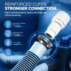 FibroPool hose installed on pool pump connection illustrating improved circulation and sealed joint