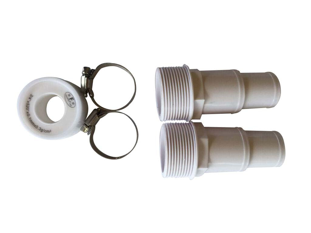 FibroPool kit contents laid out to show included hoses, adapters, clamps, and PTFE tape