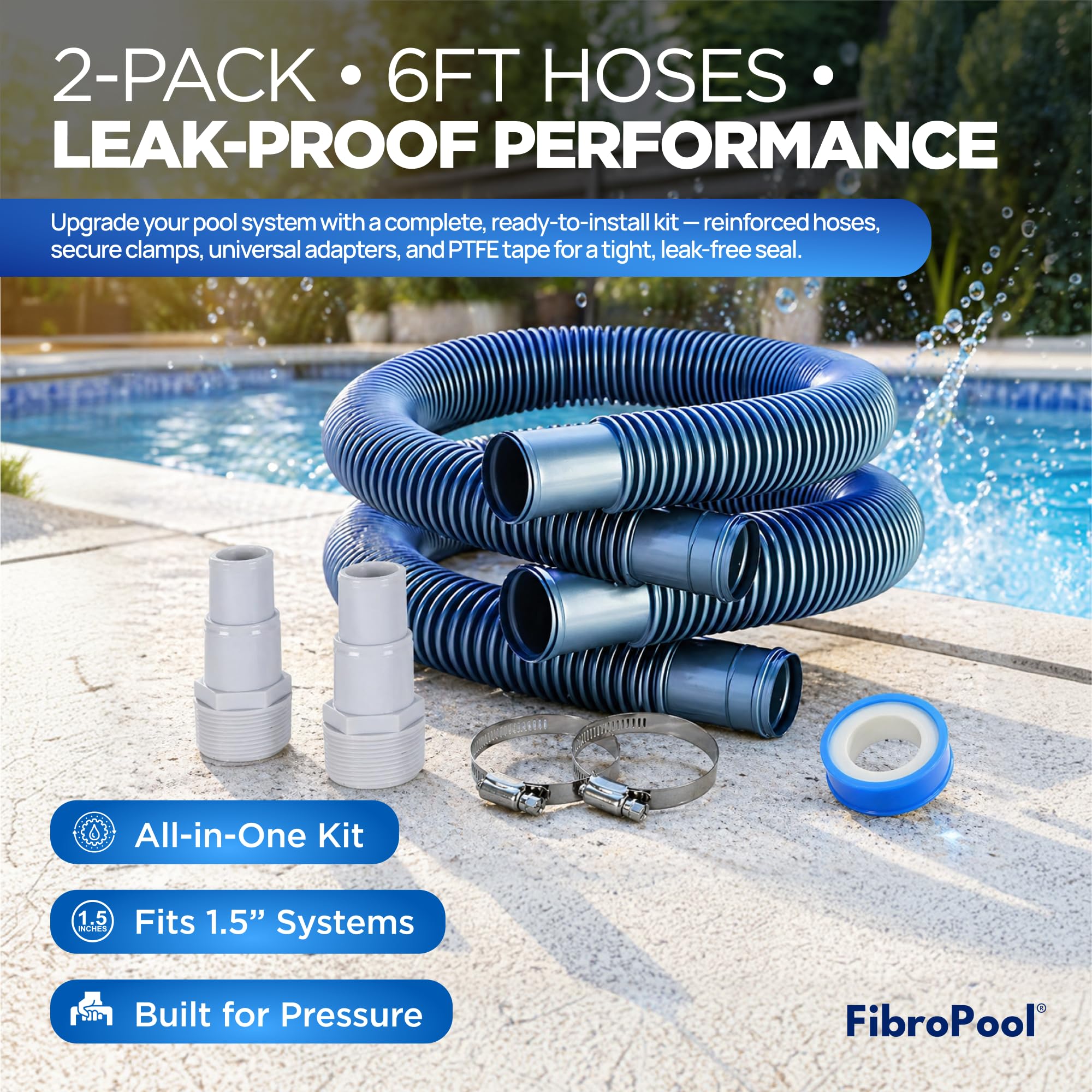 FibroPool hose next to a tape measure demonstrating 6 ft length and scale for planning
