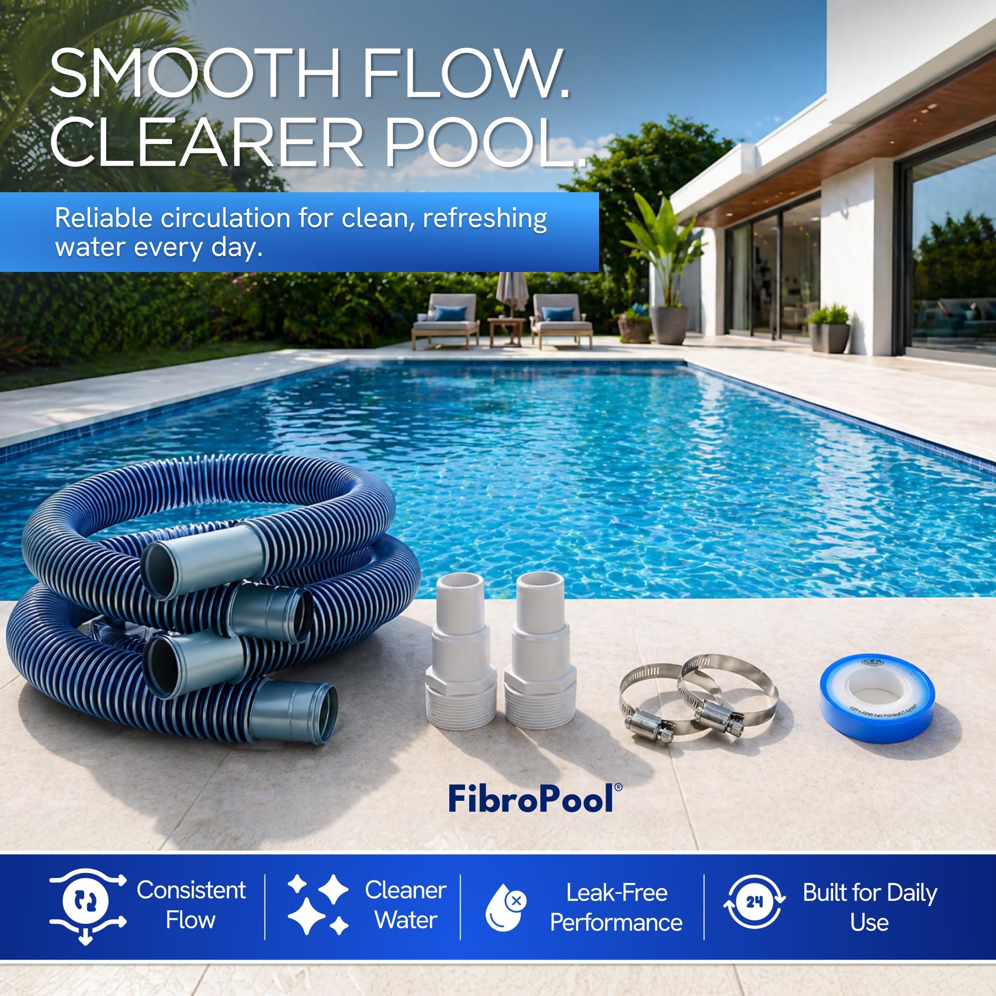 FibroPool hoses connected at backyard pool pump in a lifestyle setting showing restored pump performance