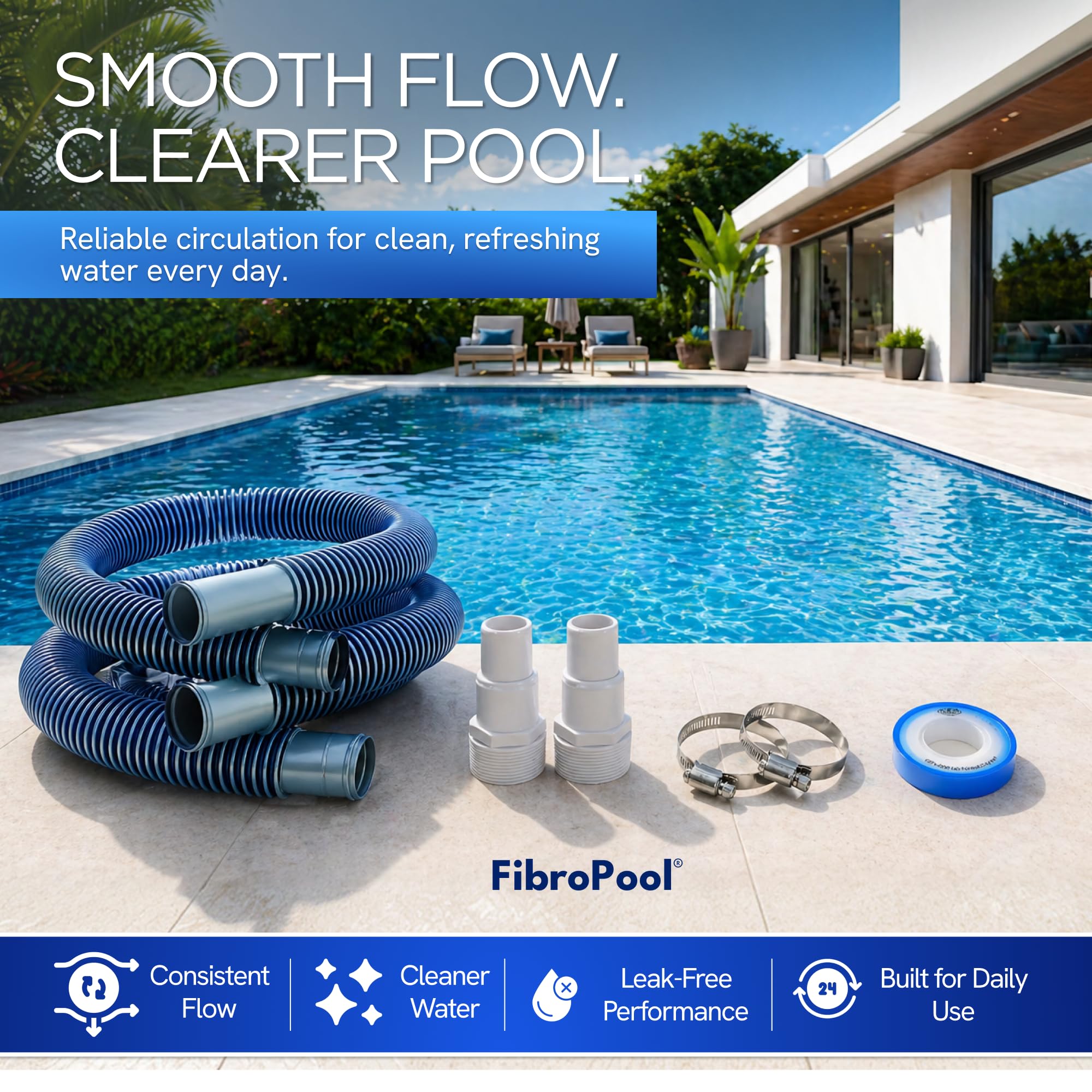 FibroPool technician replacing hose at poolside showing practical, fast maintenance benefit
