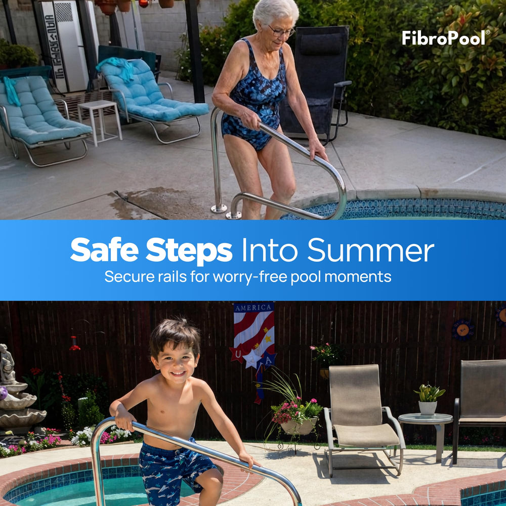 FibroPool handrail in poolside lifestyle scene enhancing poolside usability