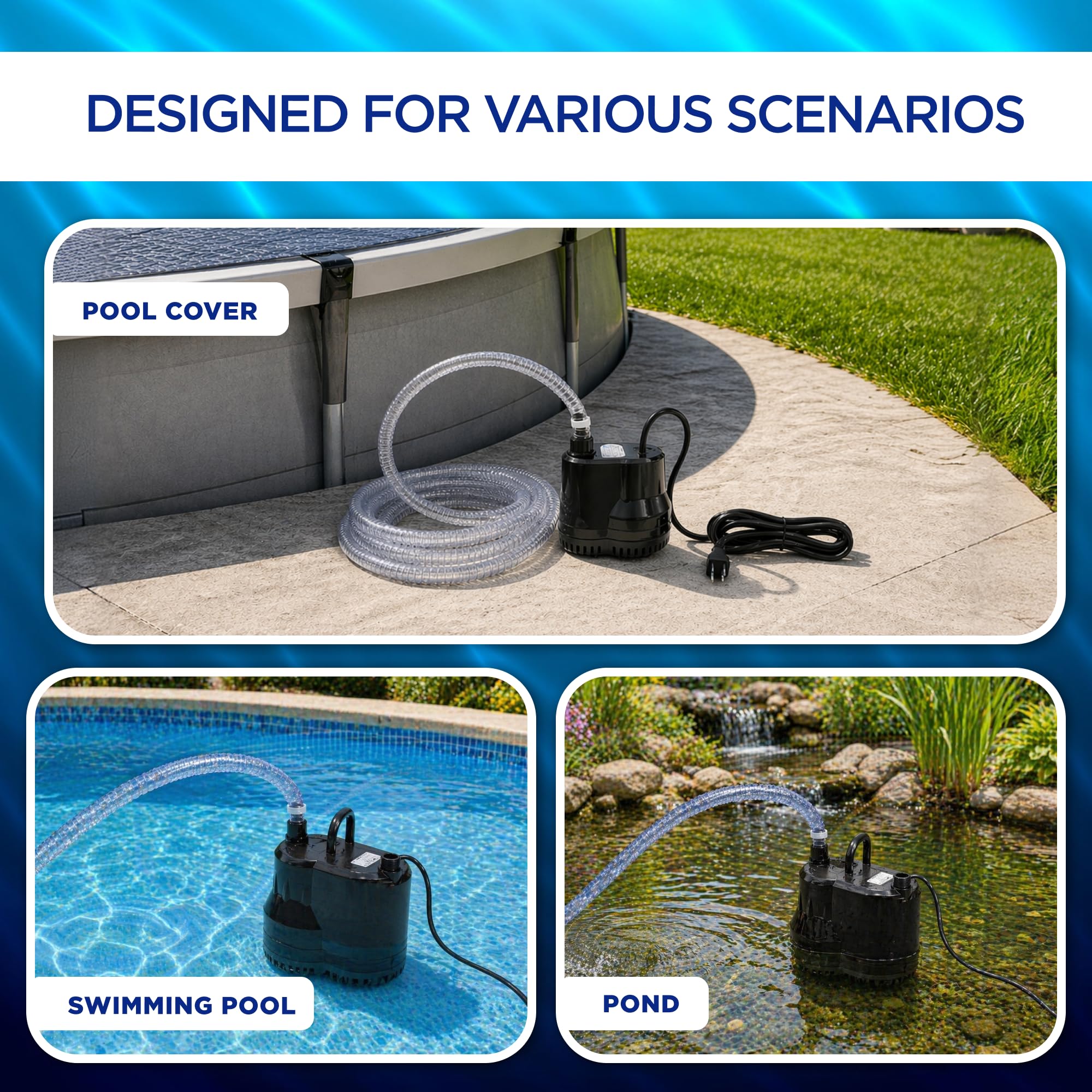 FibroPool placed on a pool cover pumping water away to prevent pooling damage