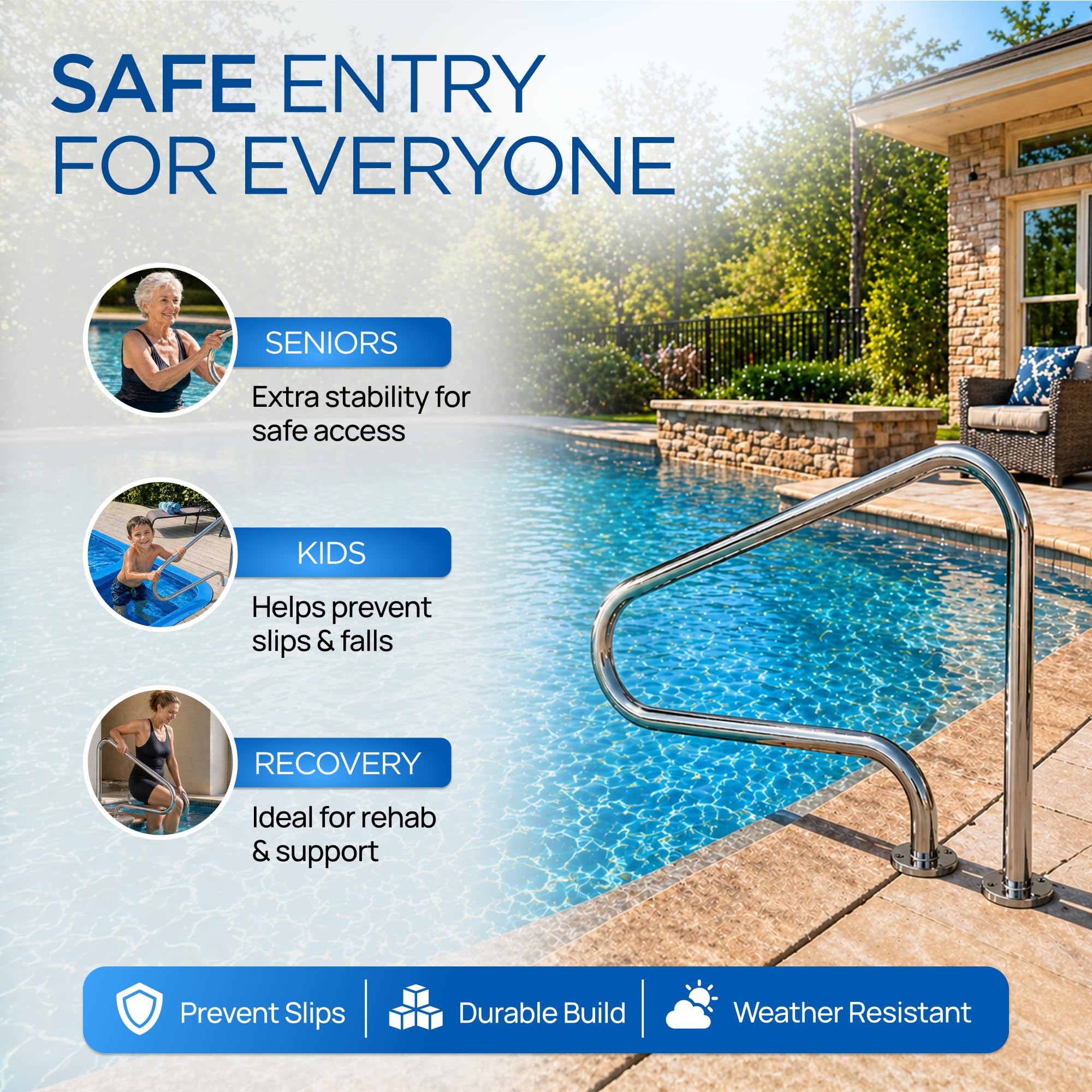 FibroPool rail in use by swimmer providing steady grip for safe entry