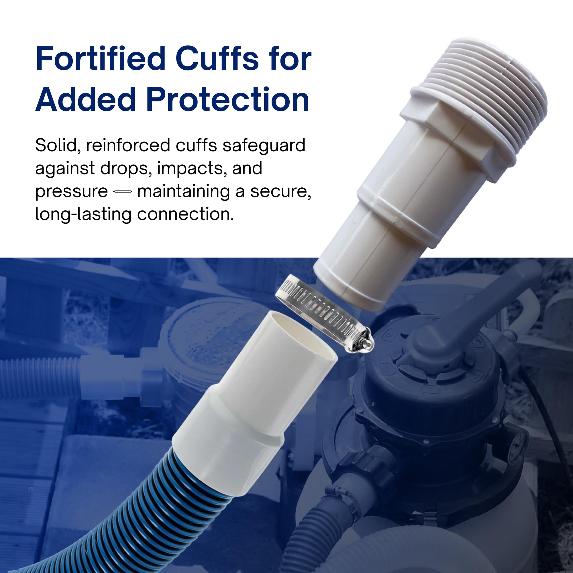 FibroPool threaded adapters and PTFE tape displayed for leak-resistant connection benefit