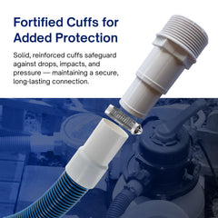 FibroPool threaded adapters and PTFE tape displayed for leak-resistant connection benefit