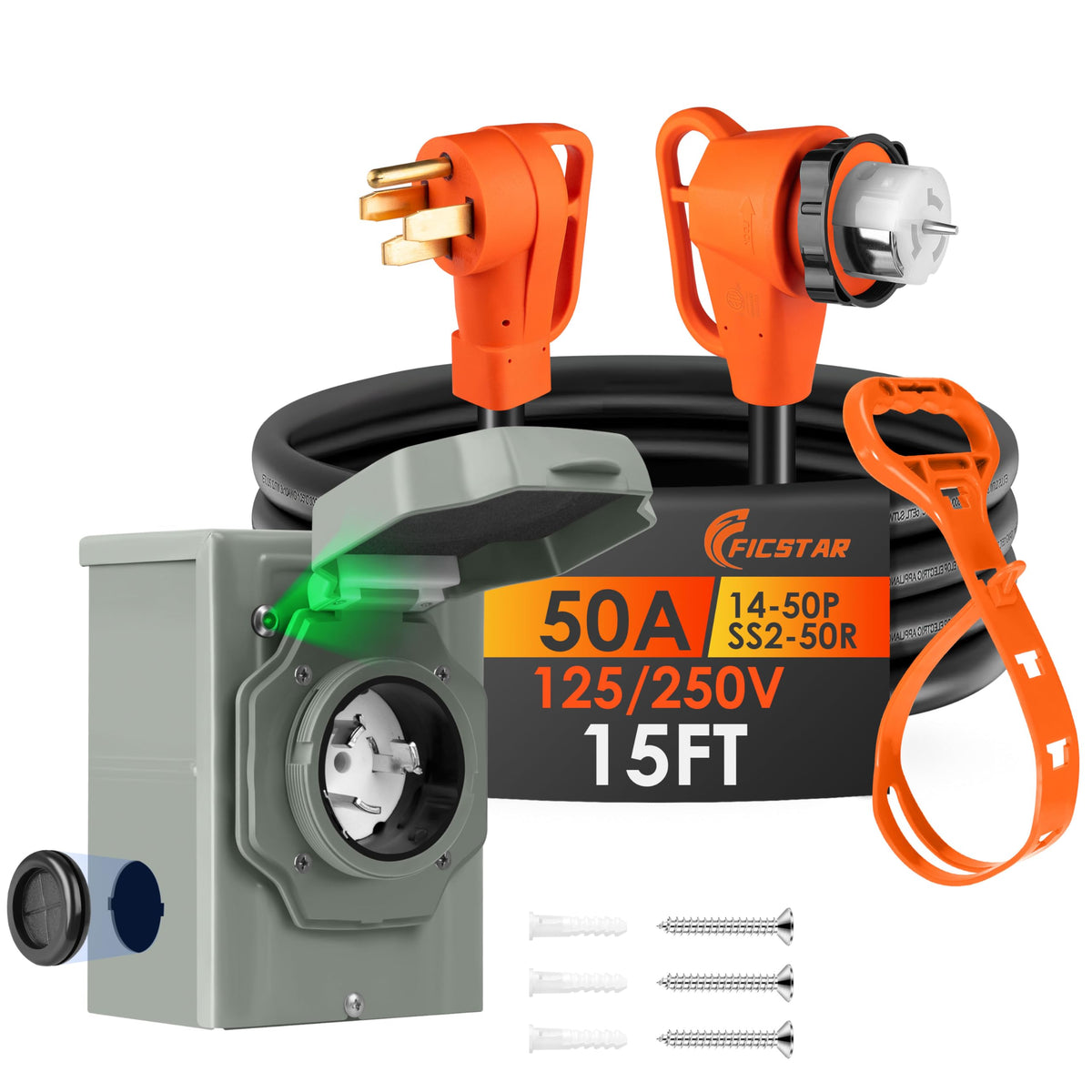 Ficstar inlet box and 15ft cord front view showing complete kit reliability