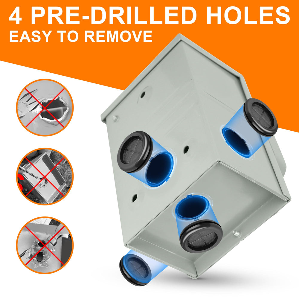 Ficstar inlet box drilled-hole detail showing flexible conduit routing and easy wiring