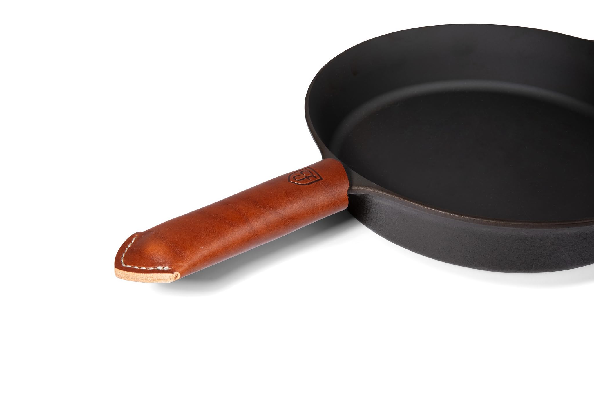 Field Company front view of brown leather handle cover protects hands