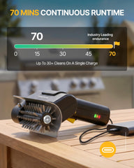 Fieldoria brush in use on a charcoal grill removing burnt residue quickly