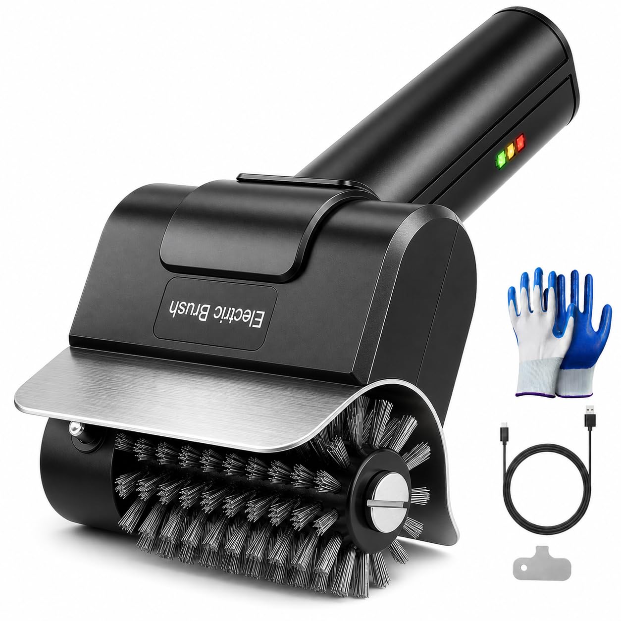 Fieldoria electric grill brush front view showing ergonomic grip and compact design benefit