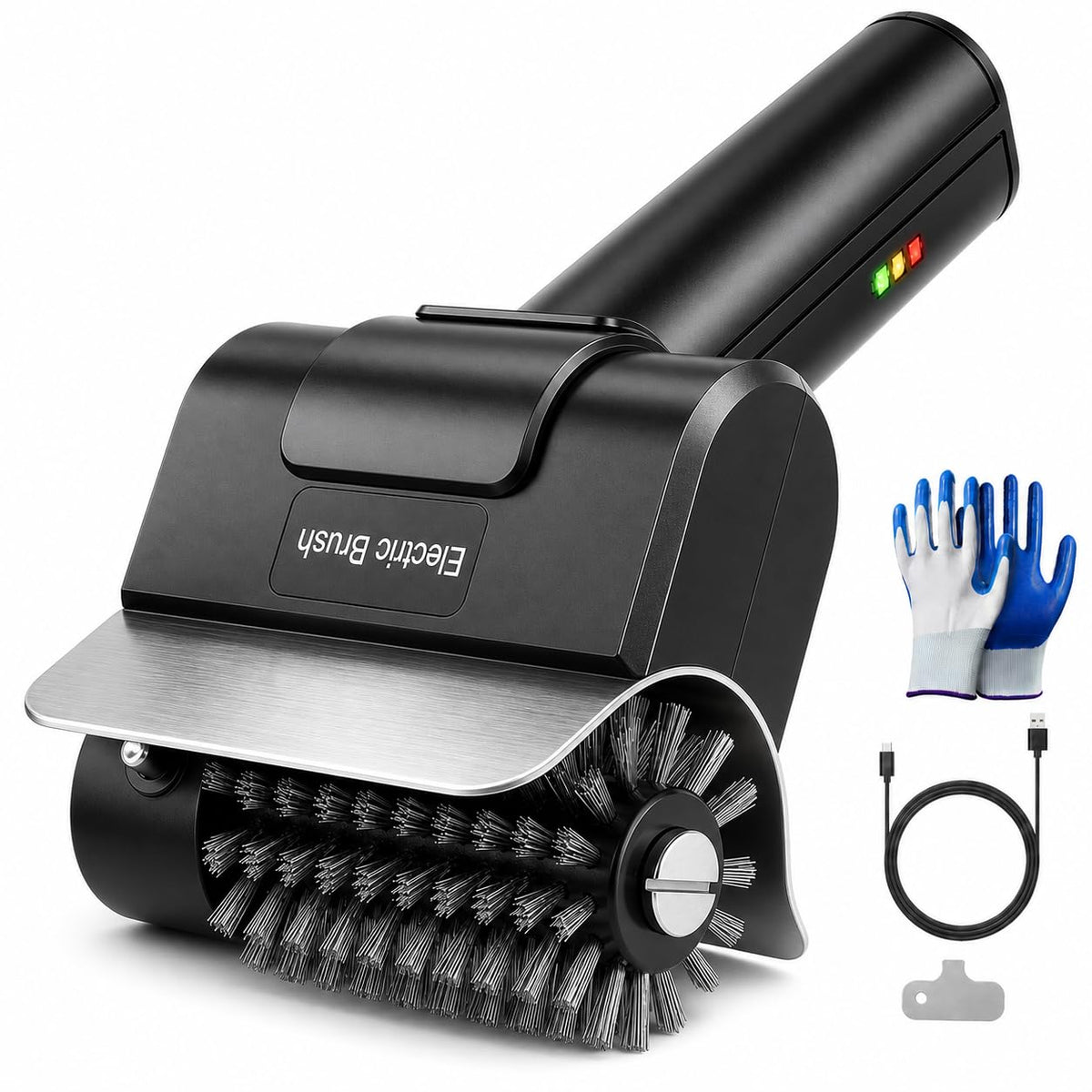 Fieldoria electric grill brush front view showing ergonomic grip and compact design benefit