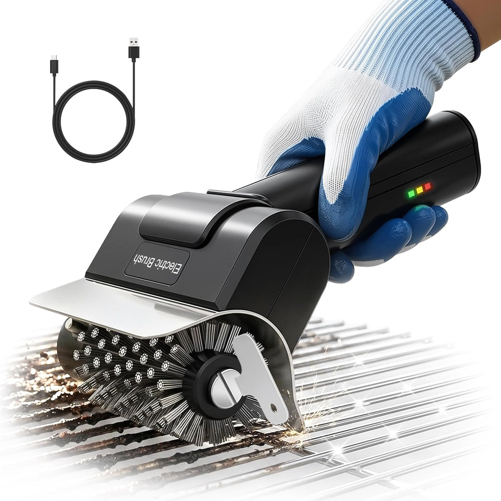 Fieldoria lifestyle shot cleaning backyard grill highlighting faster post-cook cleanup