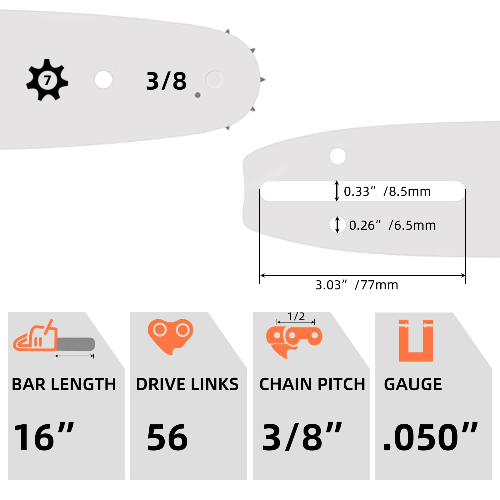 Fifchall close-up of 16-inch bar nose and rails, clear fitment markings for correct alignment