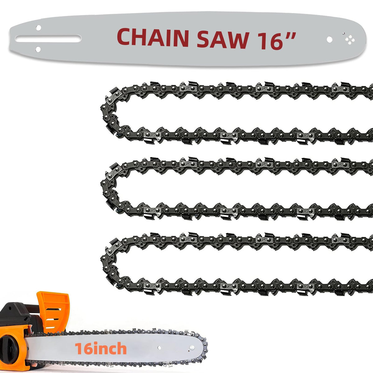 Fifchall front packaging showing 16-inch bar and three replacement chains, fast setup benefit