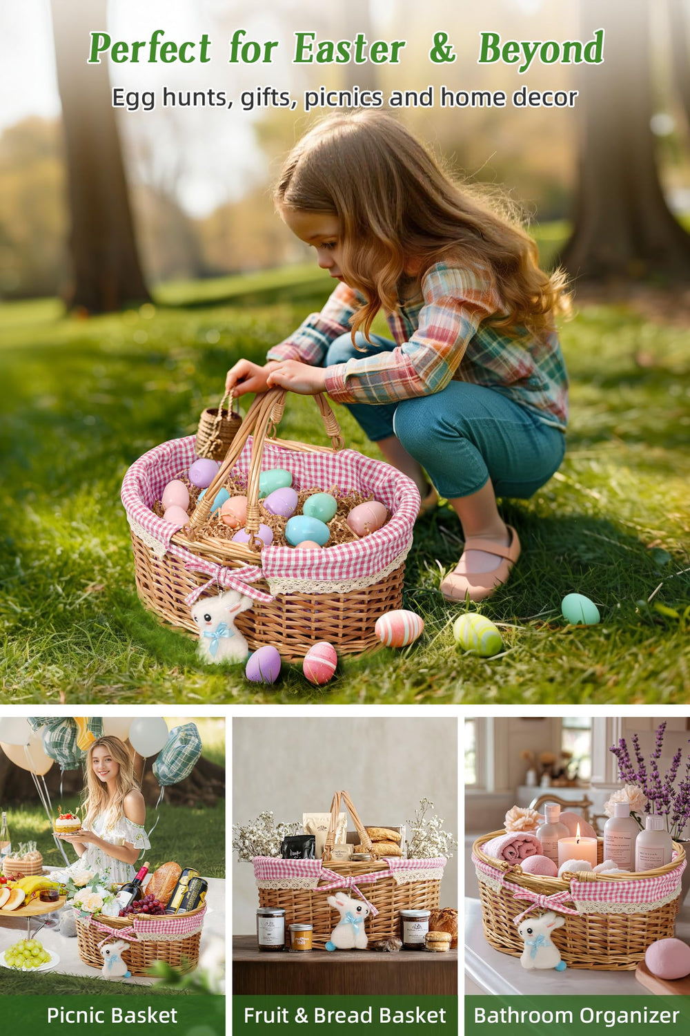 Filano bright plastic eggs and crinkle grass arranged to show colorful visibility for hunts
