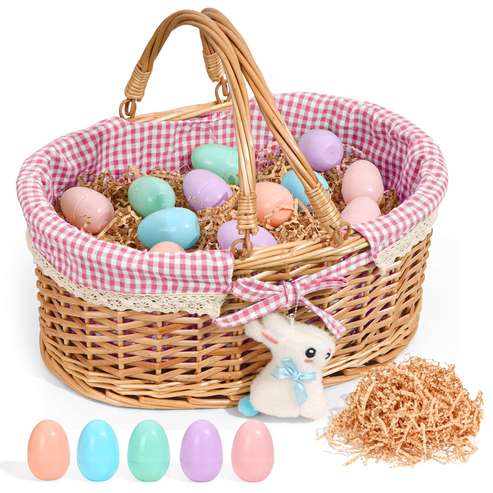 Filano front view of oval wicker basket showing pink gingham liner and capacity benefit