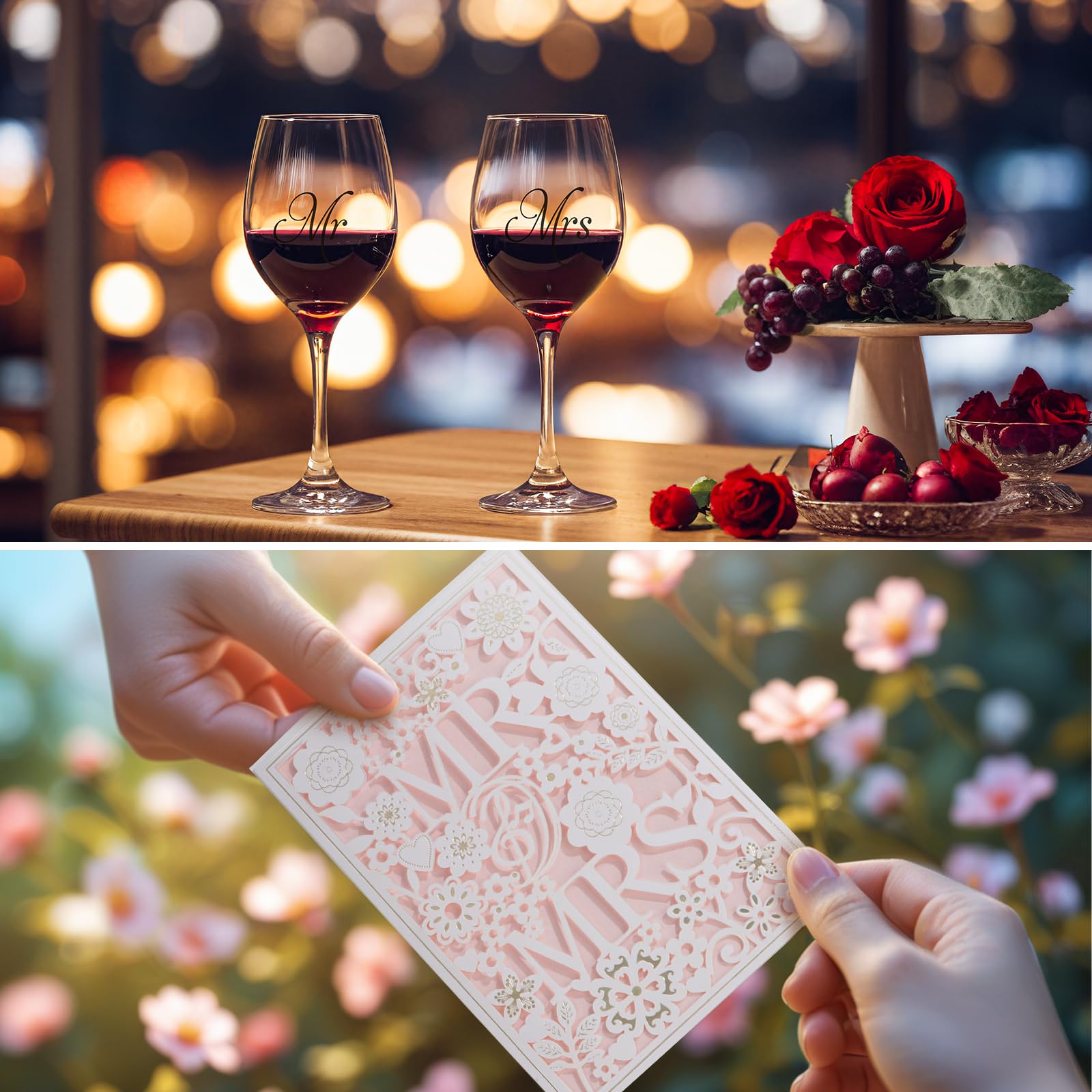 Filano Mr and Mrs wine glasses closeup, personalized touch for celebrations