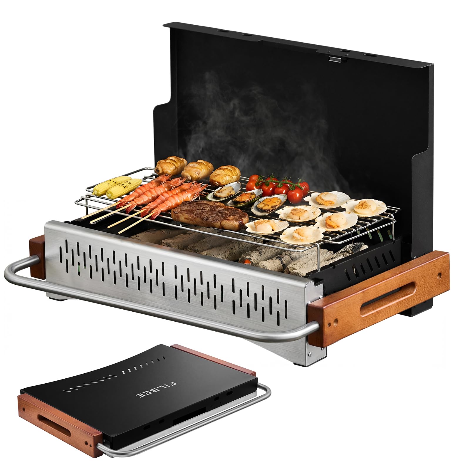 Filbee front view packed showing compact grill for easy transport