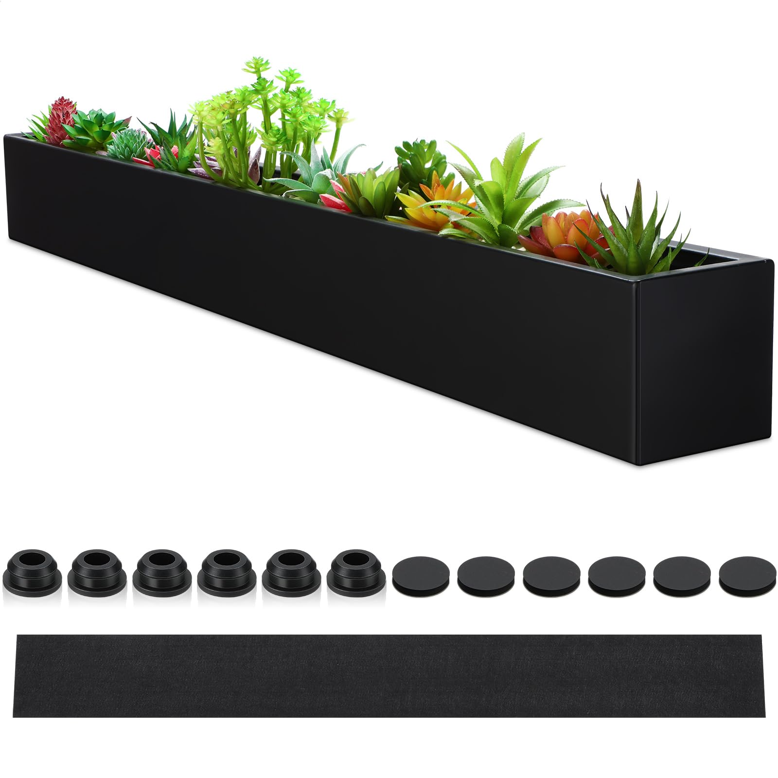 FillTouch front view of long black planter showcasing sleek modern look and versatility
