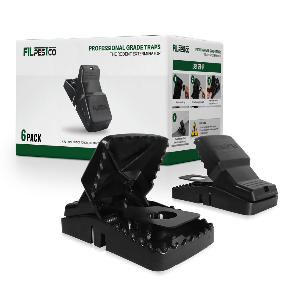 Filpestco front packaging showing 12-piece heavy-duty snap traps for quick control