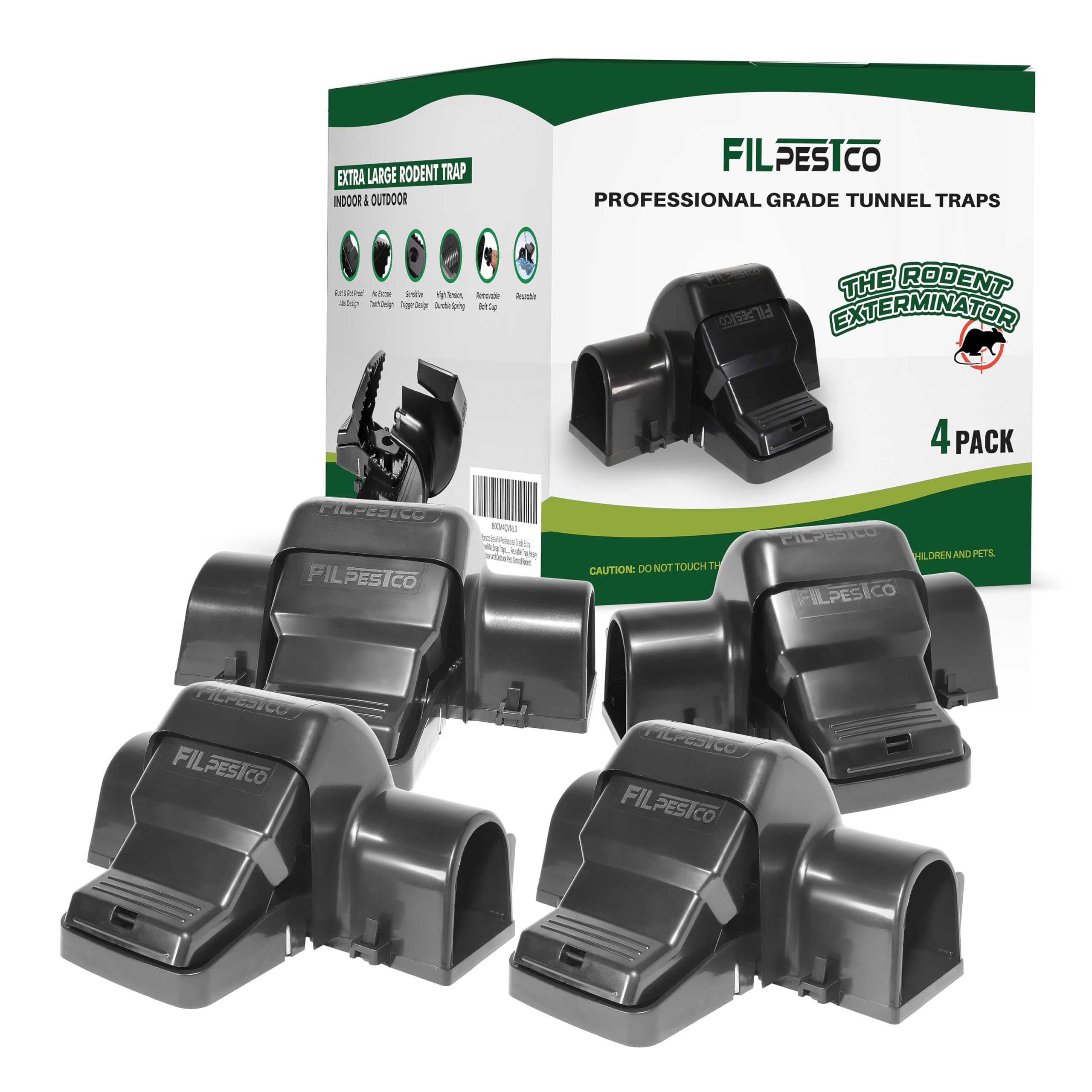 Filpestco front packaging showing four tunnel snap traps and durable reusable design