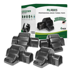 Filpestco front packaging showing four tunnel snap traps and durable reusable design