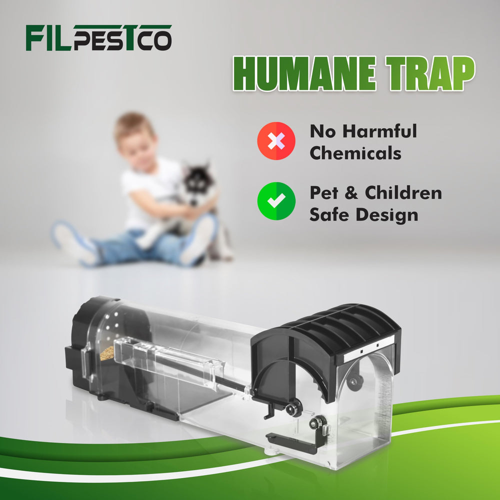 Filpestco trap in use with bait on shelf for discreet indoor control
