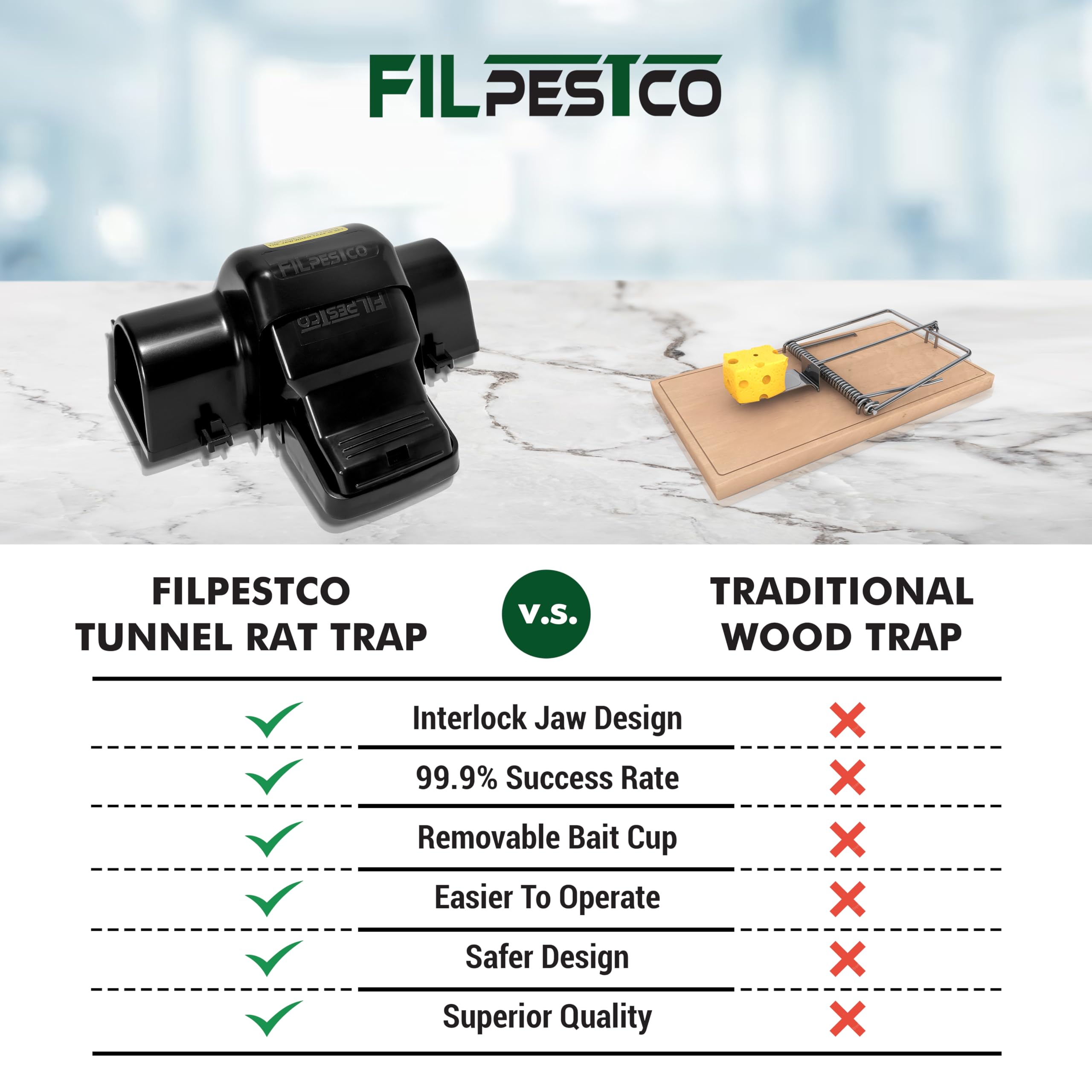 Filpestco side view with open bait chamber for hygienic one-touch loading and disposal