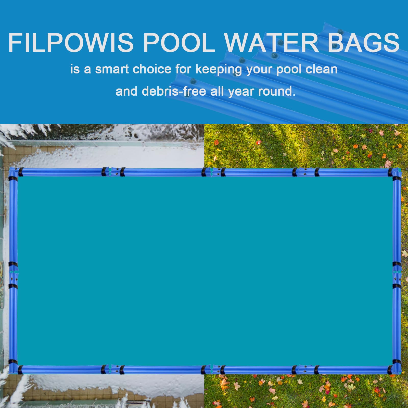 Filpowis tubes in winter yard demonstrating debris protection benefit