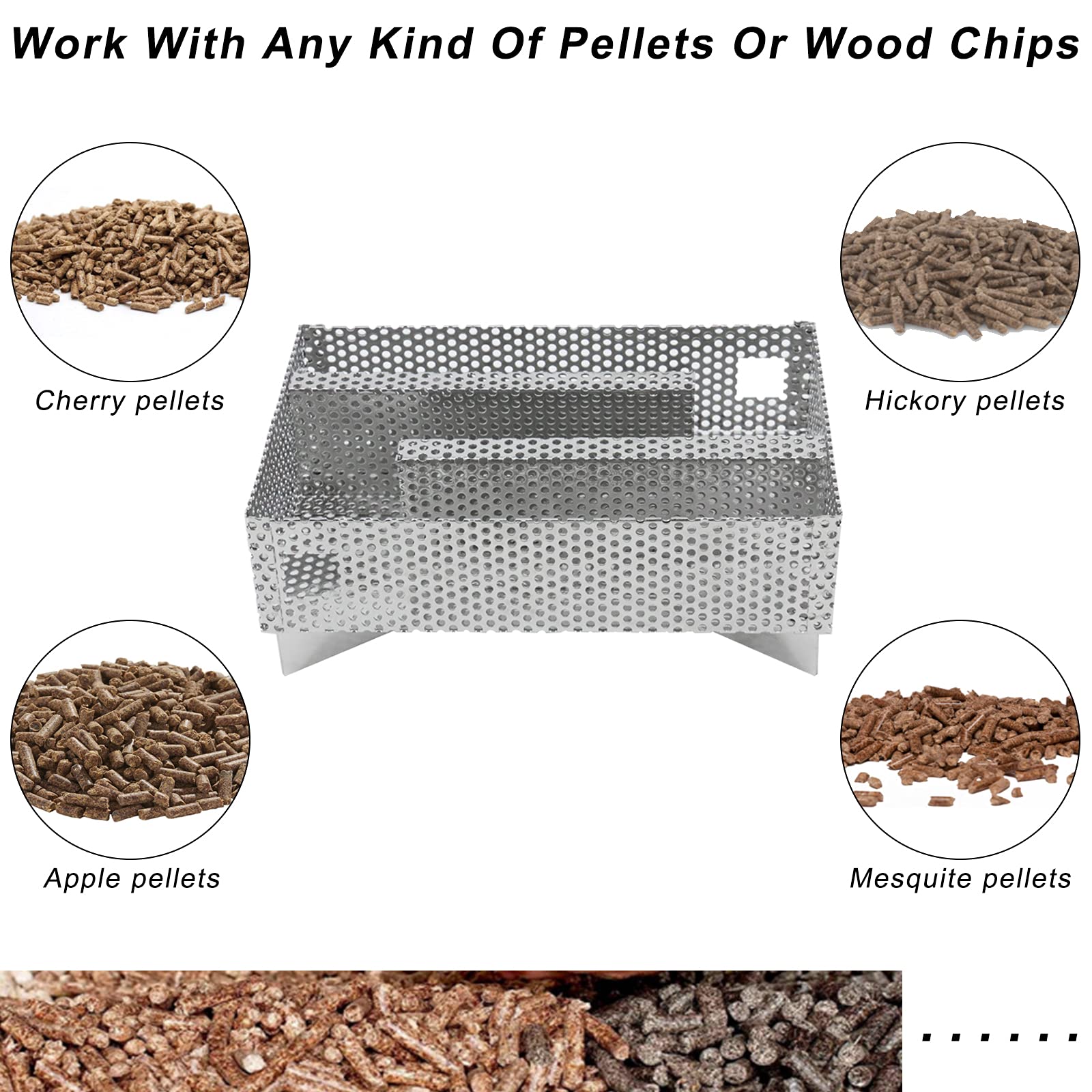 Finderomend smoker tray filled with wood pellets ready to produce up to twelve hours smoke