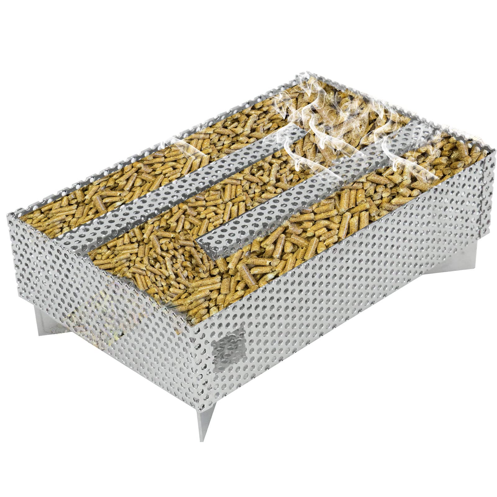 Finderomend front view of smoker tray showing compact stainless steel body and vents, easy upgrade