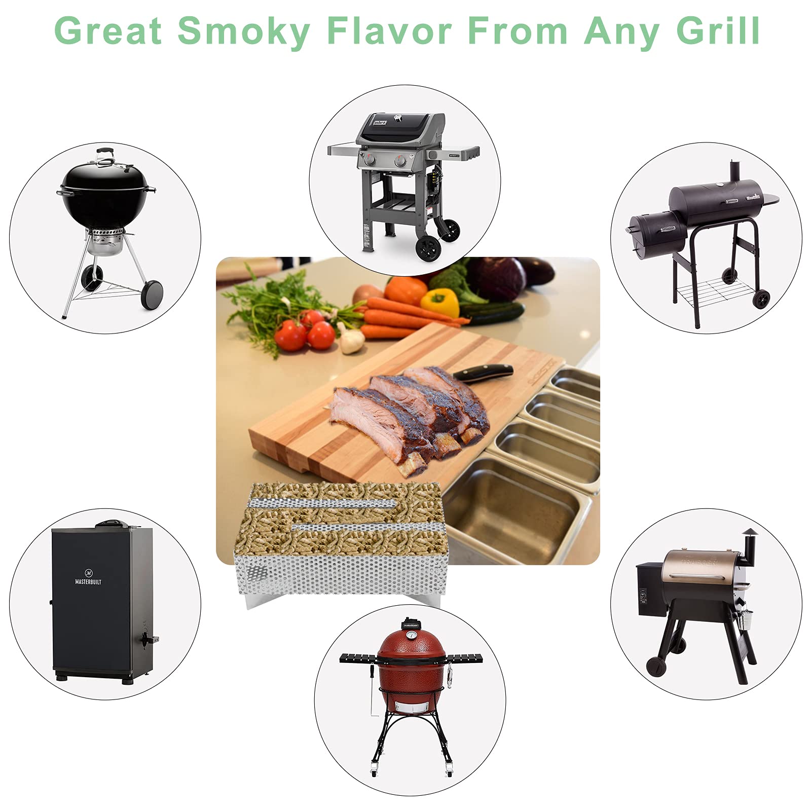 Finderomend tray next to grill tongs showing 5x8 size for easy fit inside most grills