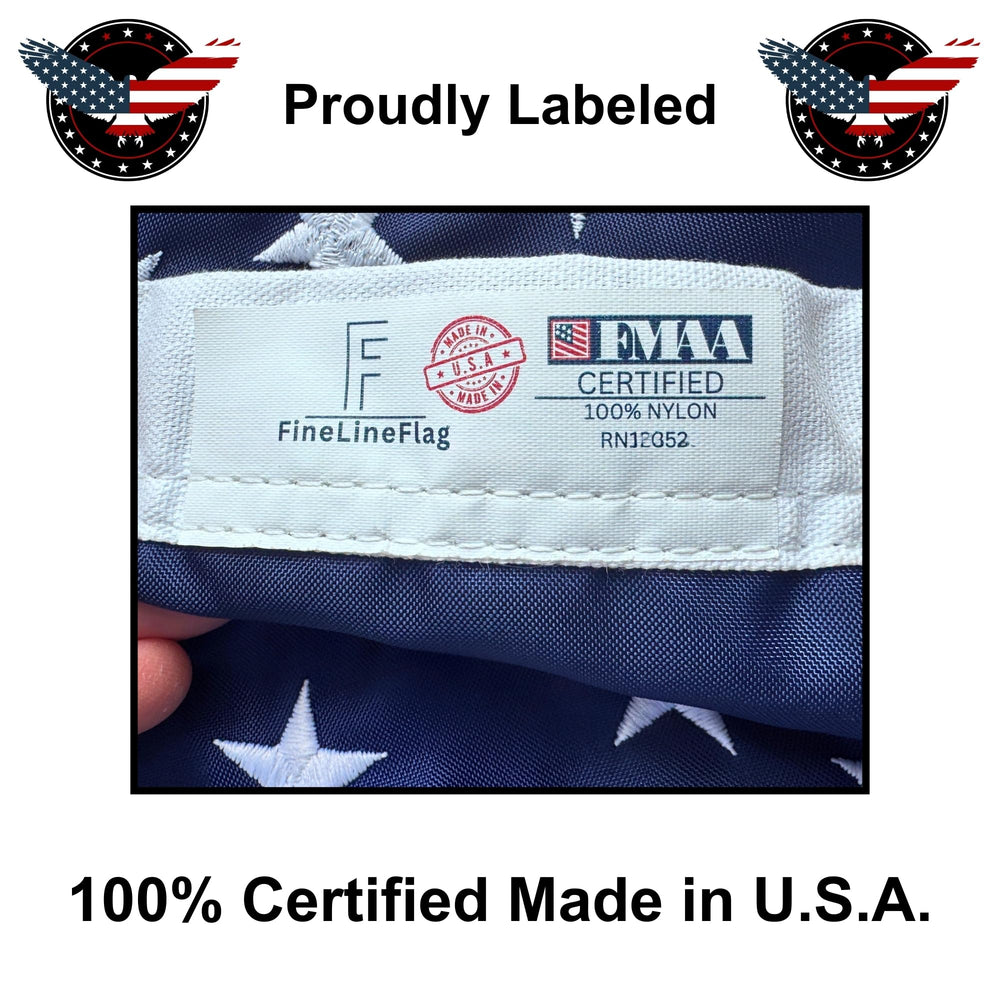 Fine Line Flag packaged with Made in USA label showing verified American production authenticity