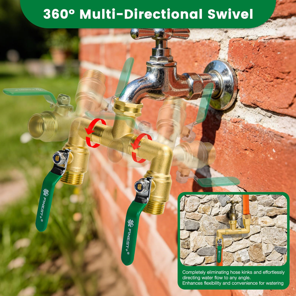 FINEST+ in-use garden setup feeding two hoses to lawn and sprinkler showing multitask watering convenience