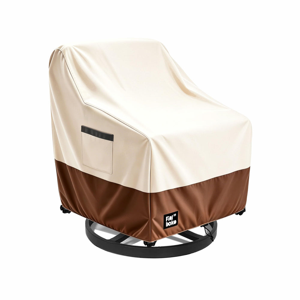 Finiboko front view showing full beige and brown cover protecting chair