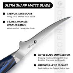 FINTISO blade close-up showing 15-degree edge and corrosion-resistant finish