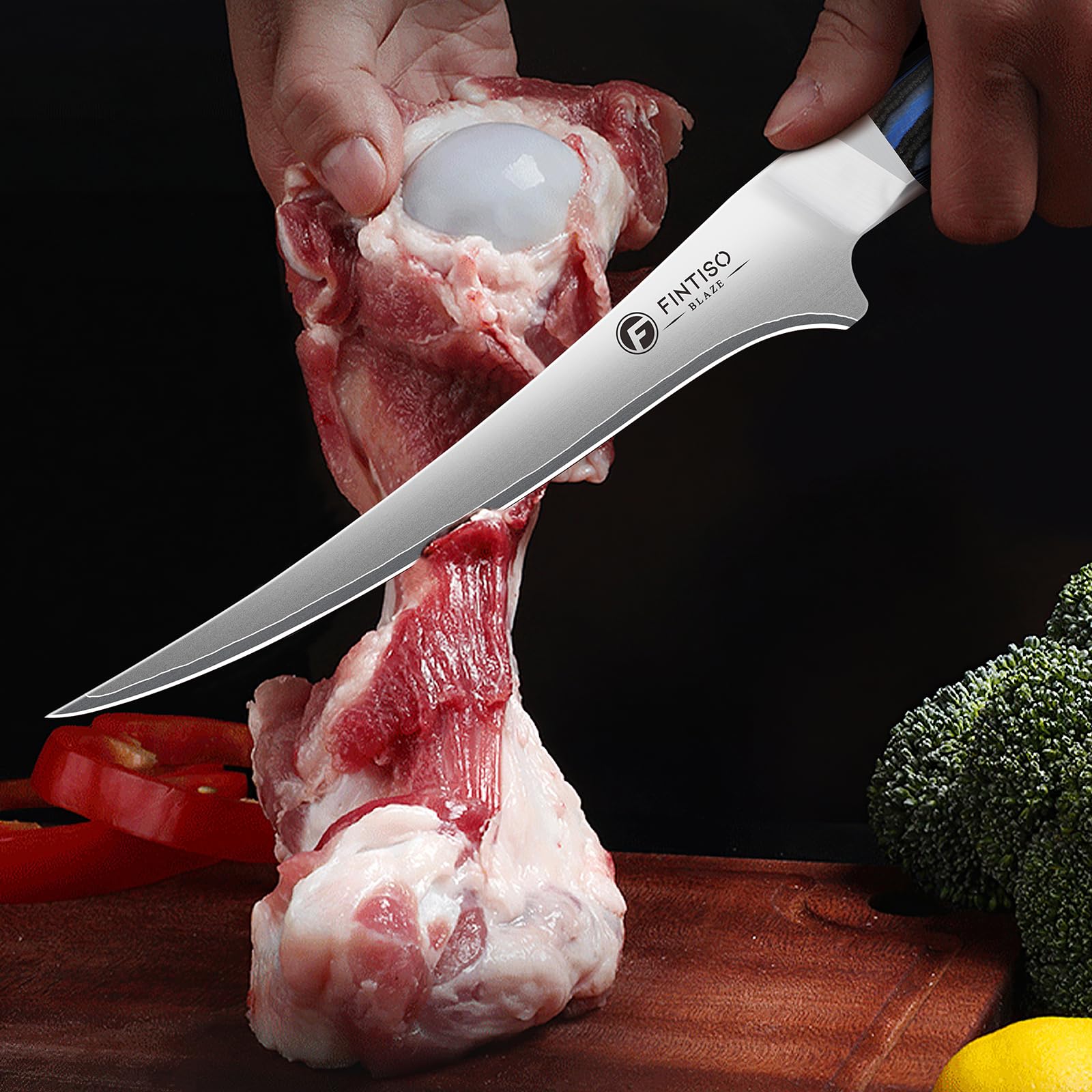 FINTISO knife beside measuring scale showing 7-inch blade length and balance