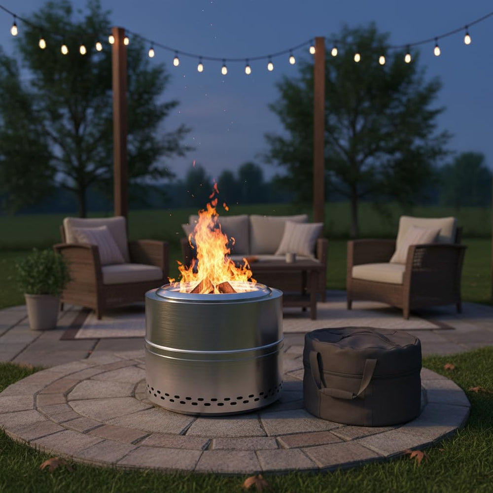 Fircpit close-up of 360° airflow vents and stainless steel for efficient smokeless combustion