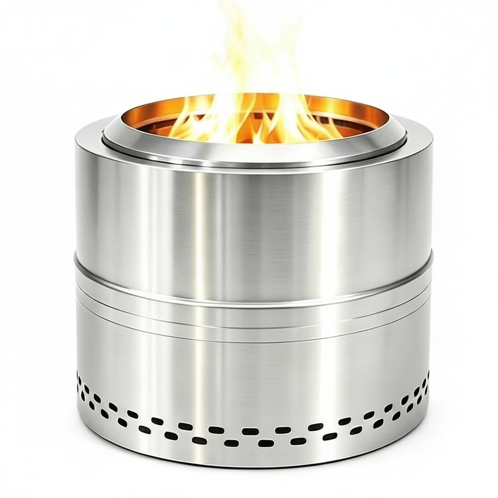 Fircpit front view assembled showing stable metal bowl and clean flames, promoting reliable warmth