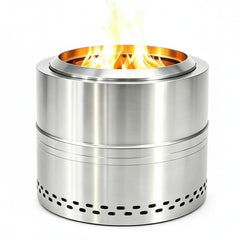Fircpit front view assembled showing stable metal bowl and clean flames, promoting reliable warmth