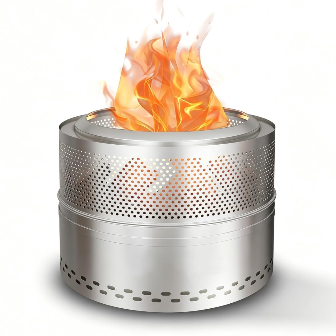 Fircpit front view packaged showing compact, durable stainless steel — easy transport