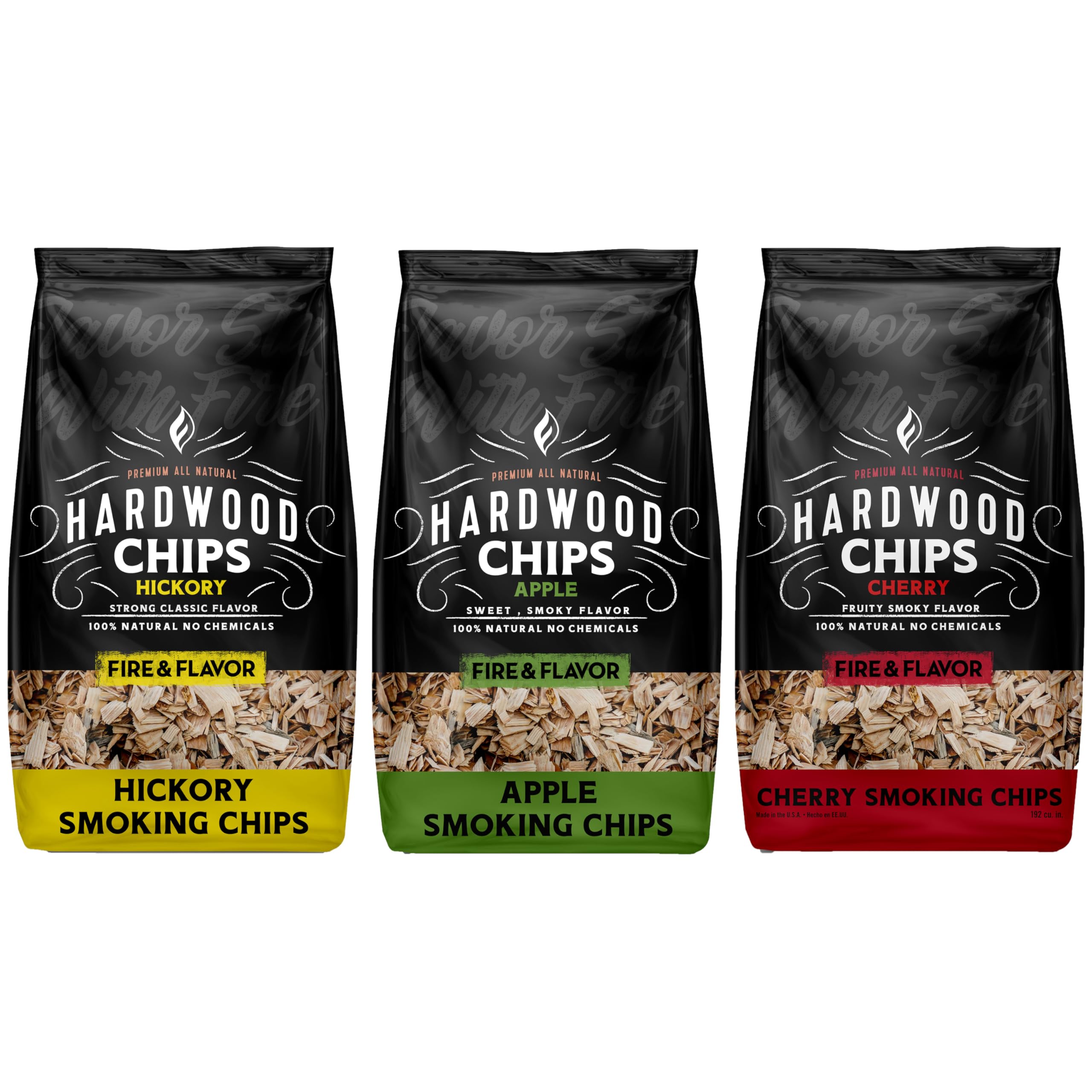 Fire & Flavor front packaging showing apple hickory cherry variety and benefits
